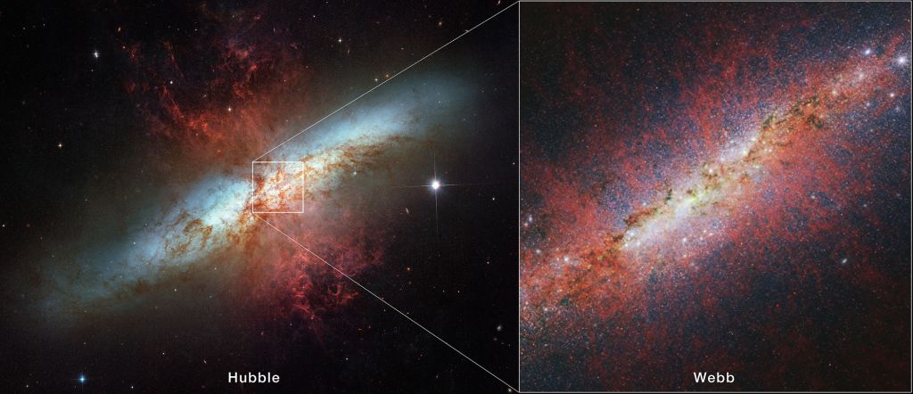 The Cigar Galaxy from Hubble and Webb